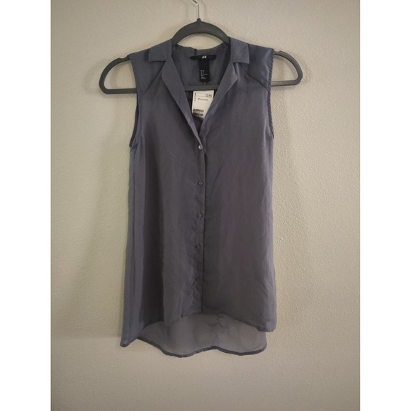 H&M Tops - HM Sleeveless Button Down Blouse Slate Blue Gray High Low Hem Top Size 2 NEW